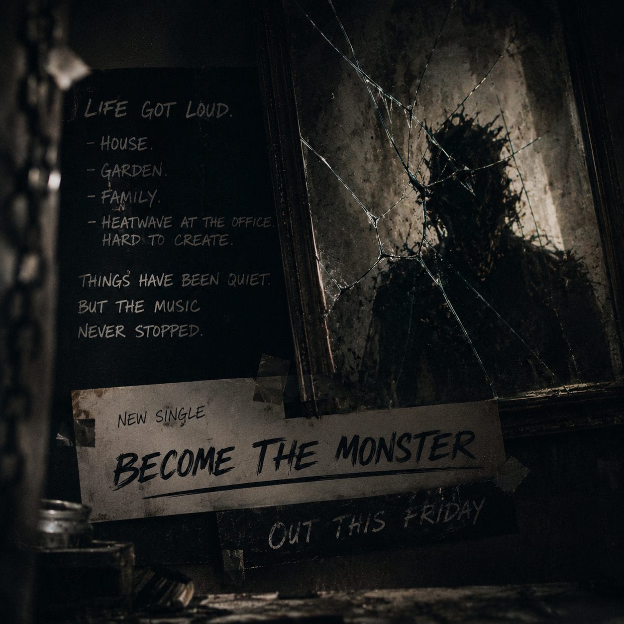 Album-Cover „Become the Monster“ mit zerbrochenem Spiegel und Textzeilen im dunklen Horror-Stil