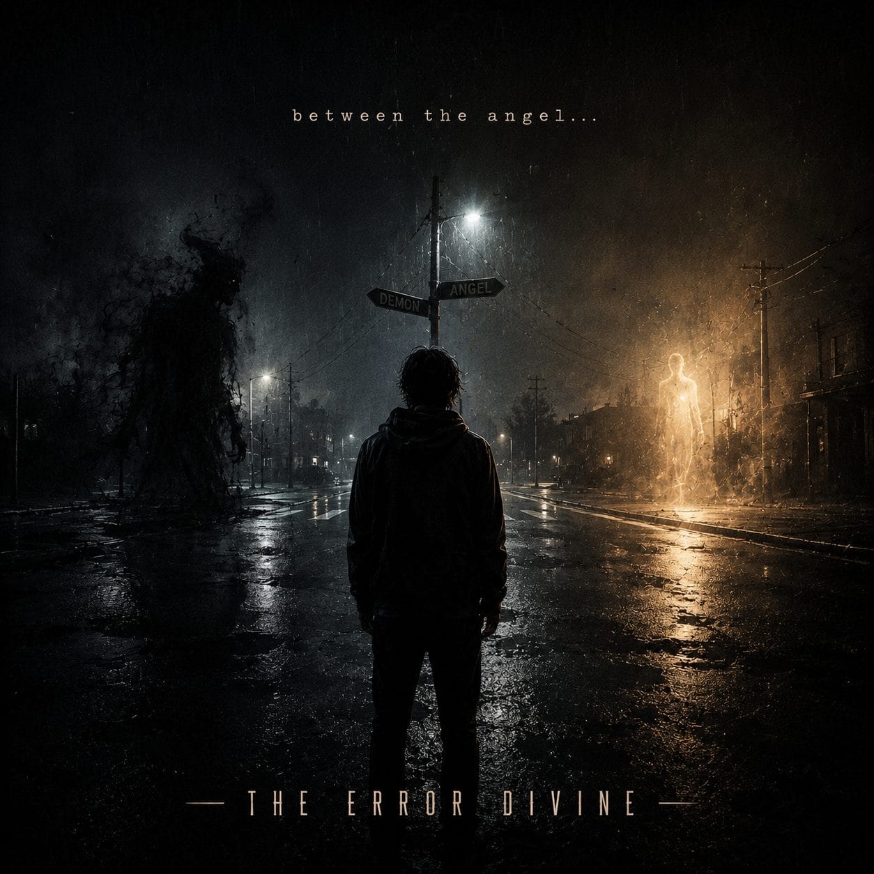 Album-Cover „The Error Divine – Between the Angel“ mit Person zwischen Dämon- und Engel-Schattengestalt an einer nächtlichen Straßenkreuzung