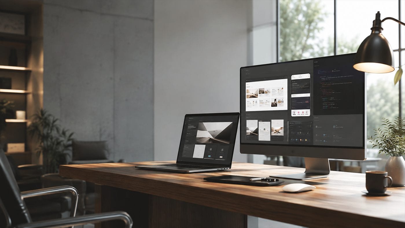 KI-generiertes Bild eines modernen Arbeitsplatzes mit Laptop und Monitor, die Website-Designs zeigen, fotorealistisch
