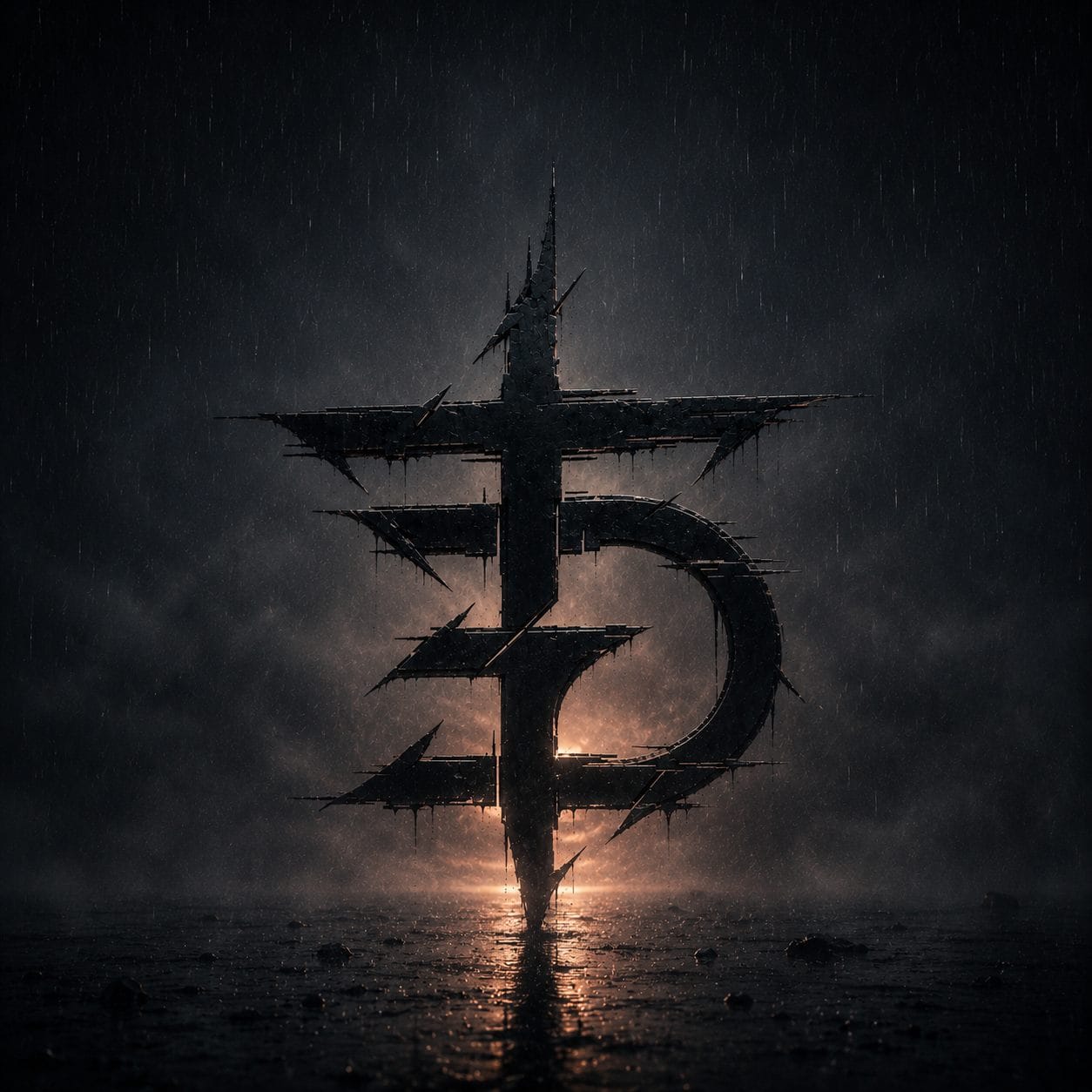 Dunkles, spitzes Bandlogo-Symbol im Regen mit orangefarbenem Gegenlicht