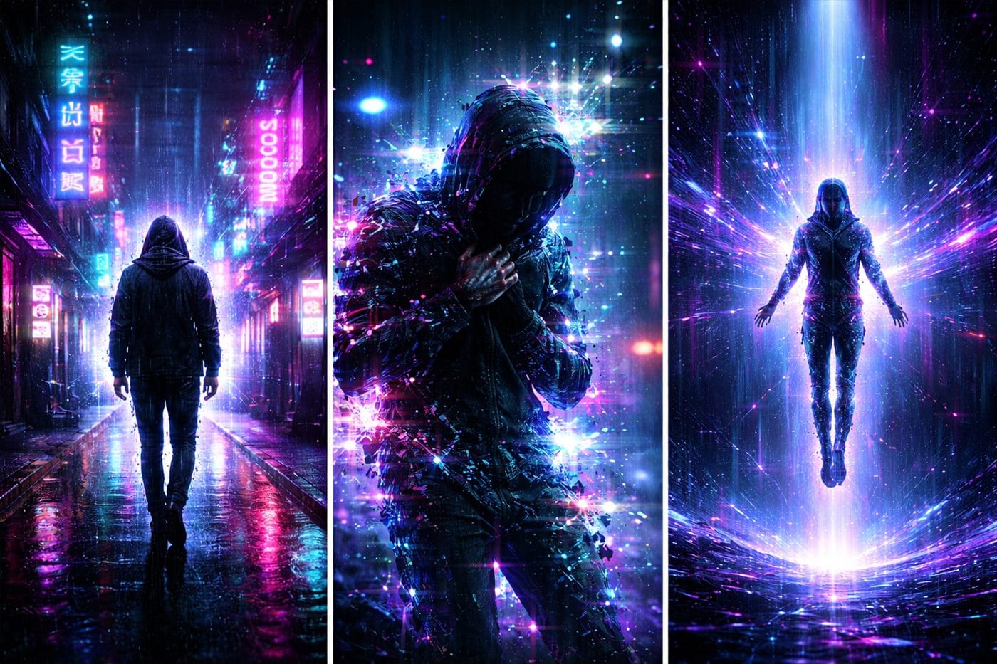 Dreiteilige Bildserie: Person in Kapuzenjacke in einer Cyberpunk-Neongasse, die sich in schwebende Lichtpartikel auflöst