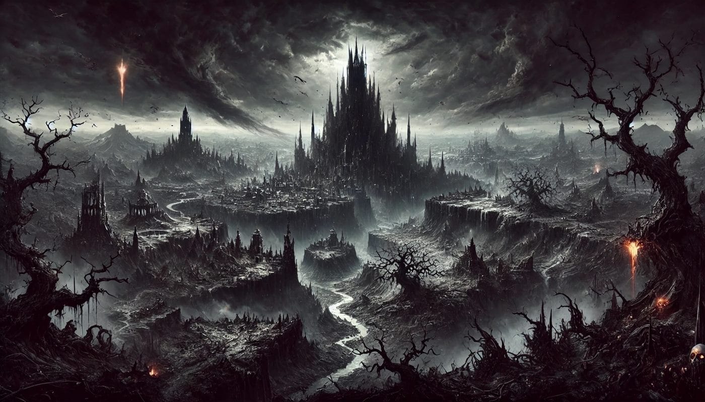 Düstere Fantasy-Landschaft mit gotischer Burgruine, kahlen Bäumen und stürmischem Himmel
