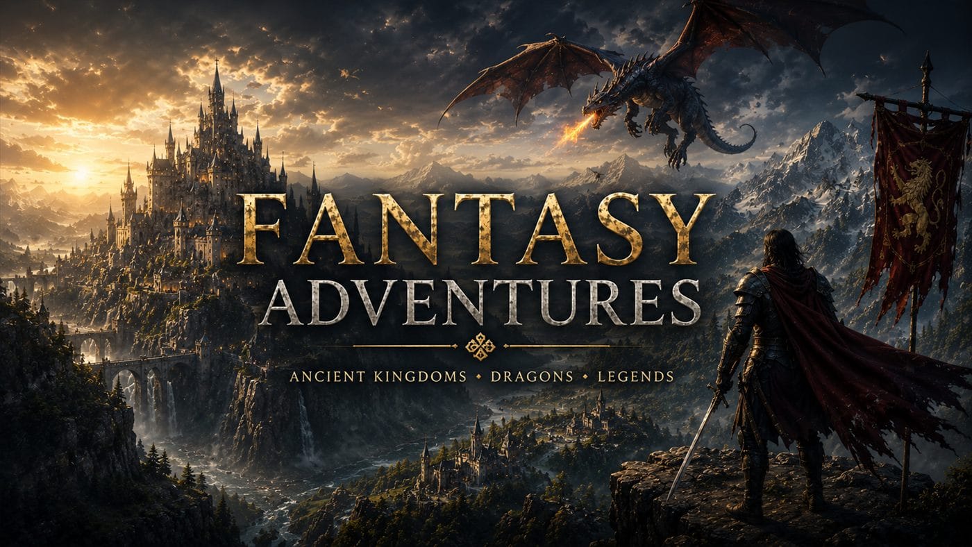Fantasy-Titelbild „Fantasy Adventures“ mit Ritter, feuerspeiendem Drachen und Schlossstadt bei Sonnenuntergang