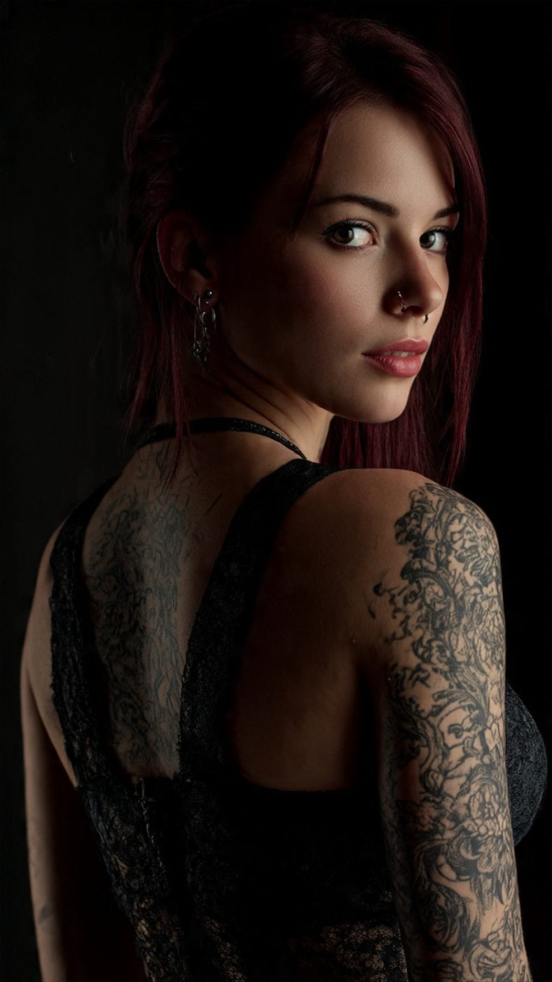 KI-generiertes Porträt einer Frau mit roten Haaren und Schulter-Tattoo, fotorealistisch