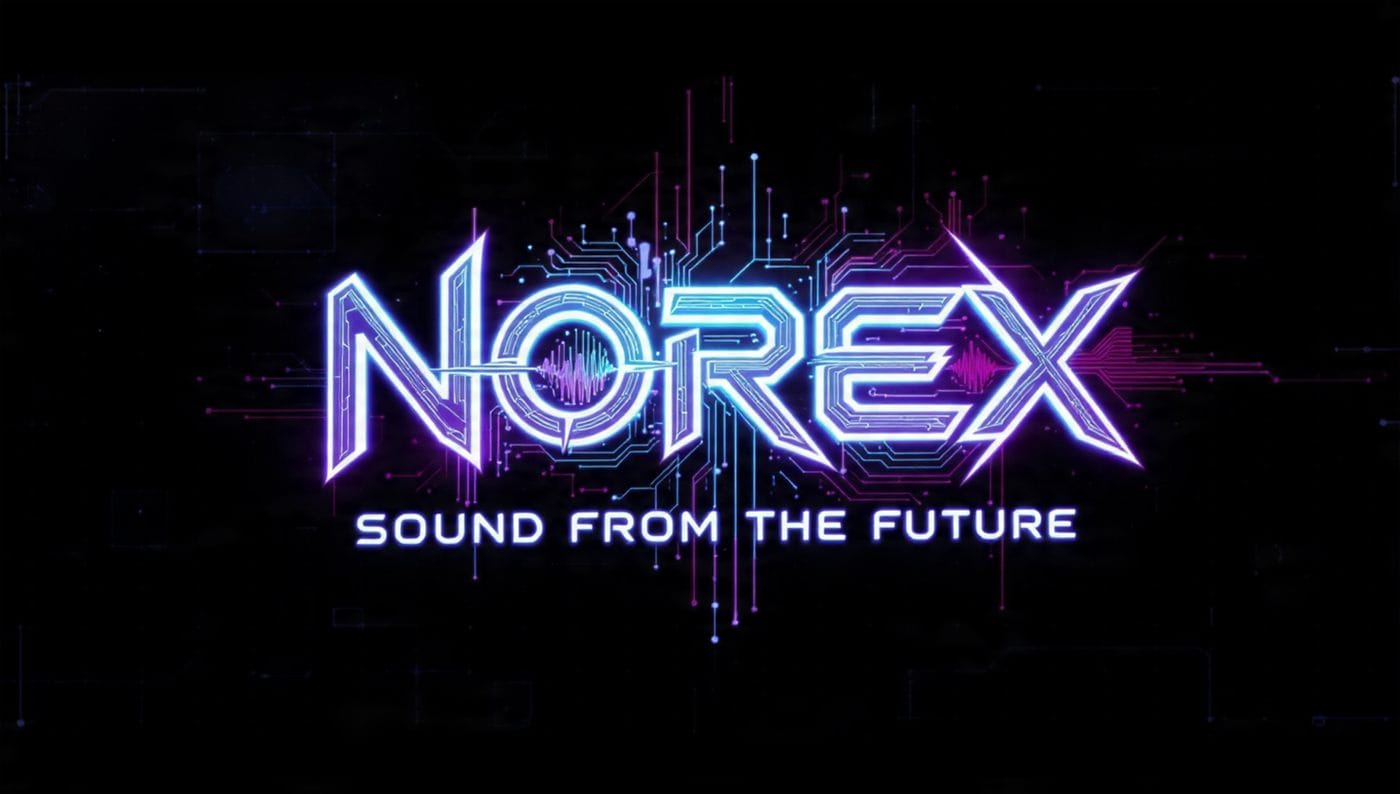 Neon-Logo-Artwork „Norex – Sound from the Future“ mit Schaltkreis-Muster in Blau und Violett