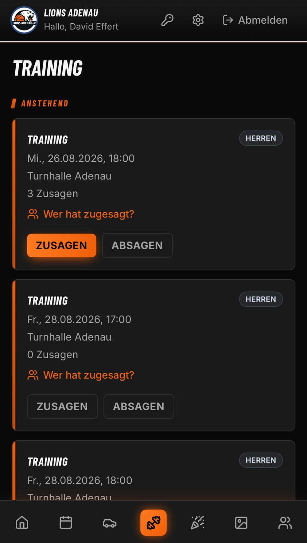 Trainingsübersicht der Lions Adenau App mit Zu- und Absagen