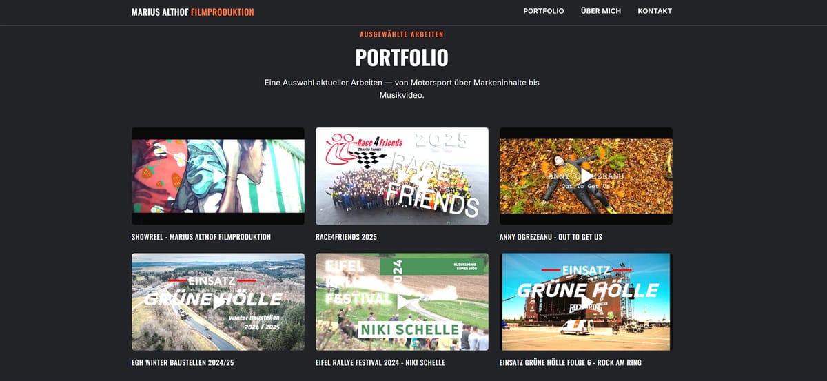 Portfolio-Übersicht der Website von Marius Althof Filmproduktion mit Video-Vorschaubildern